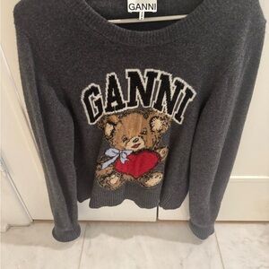 Ganni Charcoal Sweater with Teddy Bear Design